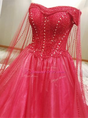 Graceful Coral Red Sleeveless Tulle Court Train Zipper Wedding Dress for Wedding Party