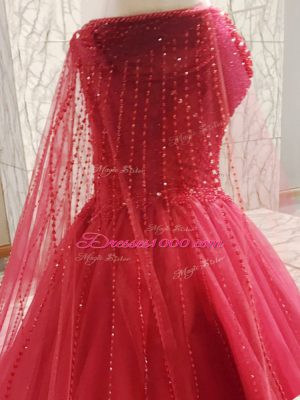 Graceful Coral Red Sleeveless Tulle Court Train Zipper Wedding Dress for Wedding Party