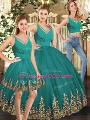 Vintage Floor Length Backless Sweet 16 Quinceanera Dress Turquoise for Sweet 16 and Quinceanera with Embroidery