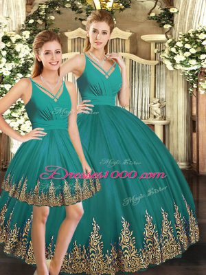 Vintage Floor Length Backless Sweet 16 Quinceanera Dress Turquoise for Sweet 16 and Quinceanera with Embroidery