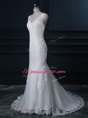 Brush Train Mermaid Wedding Dresses White V-neck Tulle Sleeveless Backless