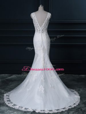 Brush Train Mermaid Wedding Dresses White V-neck Tulle Sleeveless Backless