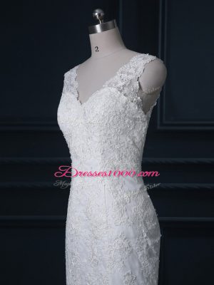 Brush Train Mermaid Wedding Dresses White V-neck Tulle Sleeveless Backless