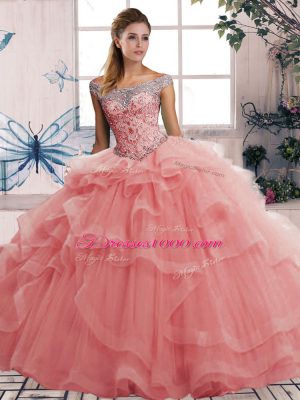 Hot Sale Watermelon Red Off The Shoulder Neckline Beading and Ruffles Sweet 16 Quinceanera Dress Sleeveless Lace Up