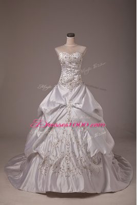 Cheap White Ball Gowns Taffeta Halter Top Sleeveless Beading and Embroidery and Pick Ups Lace Up Wedding Dresses Brush Train