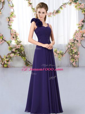 Sleeveless Chiffon Floor Length Lace Up Bridesmaid Dresses in Purple with Hand Made Flower