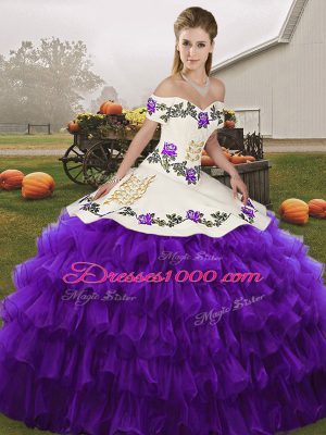 White And Purple Lace Up Quinceanera Dress Embroidery and Ruffled Layers Sleeveless Floor Length