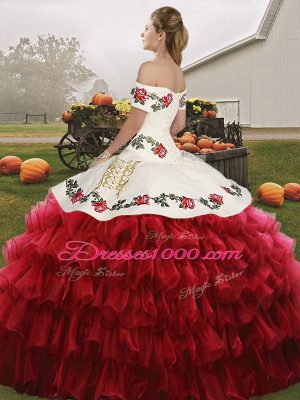 White And Purple Lace Up Quinceanera Dress Embroidery and Ruffled Layers Sleeveless Floor Length