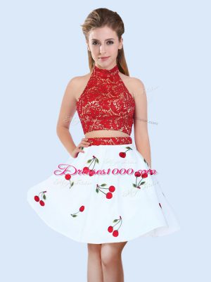 Mini Length Two Pieces Sleeveless White And Red Wedding Guest Dresses Lace Up