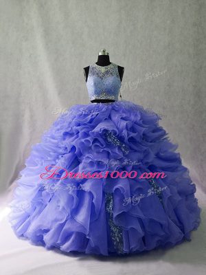 Best Selling Lavender Two Pieces Scoop Sleeveless Organza Brush Train Zipper Ruffles and Sequins Sweet 16 Quinceanera Dress