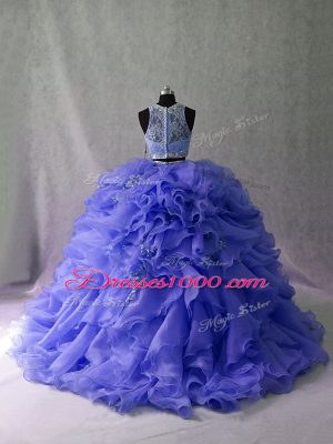 Best Selling Lavender Two Pieces Scoop Sleeveless Organza Brush Train Zipper Ruffles and Sequins Sweet 16 Quinceanera Dress