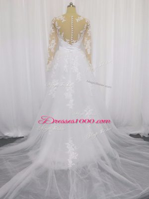 Sumptuous White A-line Lace and Belt Bridal Gown Clasp Handle Tulle Long Sleeves