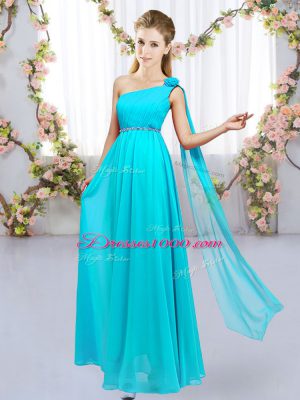 Fancy Aqua Blue Empire Chiffon One Shoulder Sleeveless Beading and Hand Made Flower Floor Length Lace Up Court Dresses for Sweet 16