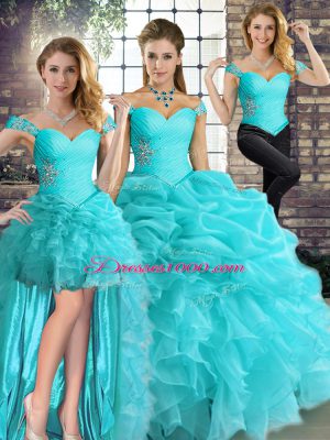 Aqua Blue Three Pieces Off The Shoulder Sleeveless Organza Floor Length Lace Up Beading and Ruffles and Pick Ups Sweet 16 Dresses