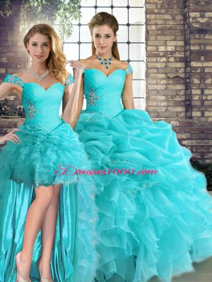 Aqua Blue Three Pieces Off The Shoulder Sleeveless Organza Floor Length Lace Up Beading and Ruffles and Pick Ups Sweet 16 Dresses