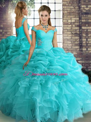 Aqua Blue Three Pieces Off The Shoulder Sleeveless Organza Floor Length Lace Up Beading and Ruffles and Pick Ups Sweet 16 Dresses