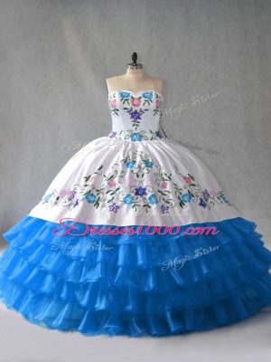 Sleeveless Organza Floor Length Lace Up Ball Gown Prom Dress in Blue And White with Embroidery and Ruffled Layers