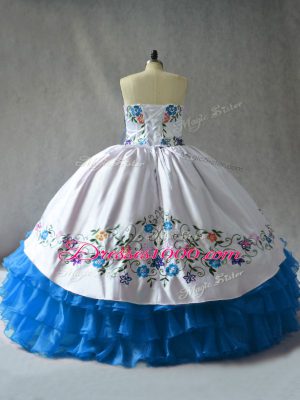 Sleeveless Organza Floor Length Lace Up Ball Gown Prom Dress in Blue And White with Embroidery and Ruffled Layers