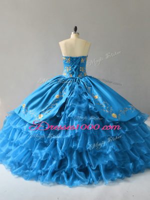 Glorious Blue Sweetheart Lace Up Embroidery and Ruffles Sweet 16 Dress Sleeveless