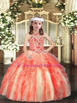 Elegant Orange Red Lace Up Little Girls Pageant Dress Appliques and Ruffles Sleeveless Floor Length