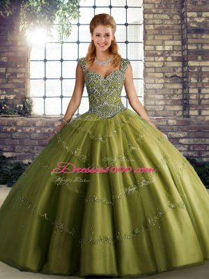 Pretty Olive Green Tulle Lace Up Sweet 16 Dress Sleeveless Floor Length Beading and Appliques