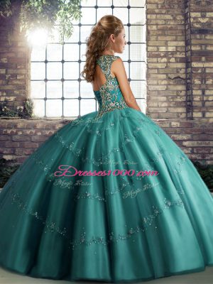 Pretty Olive Green Tulle Lace Up Sweet 16 Dress Sleeveless Floor Length Beading and Appliques