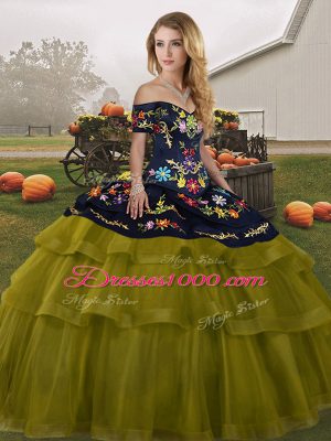 Deluxe Tulle Sleeveless Quince Ball Gowns Brush Train and Embroidery and Ruffled Layers