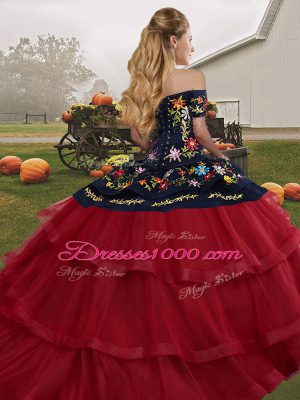 Deluxe Tulle Sleeveless Quince Ball Gowns Brush Train and Embroidery and Ruffled Layers