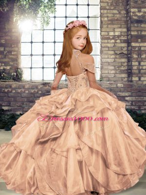 Affordable Beading and Ruffles Pageant Gowns For Girls Orange Lace Up Sleeveless Floor Length