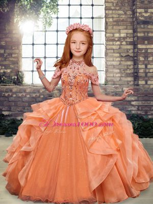 Affordable Beading and Ruffles Pageant Gowns For Girls Orange Lace Up Sleeveless Floor Length