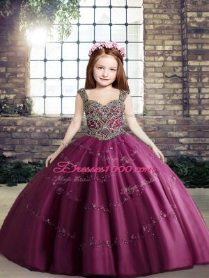 Floor Length Lace Up Little Girls Pageant Dress Fuchsia and In with Beading