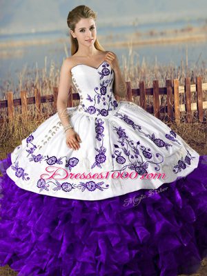 Glorious White And Purple Sleeveless Embroidery and Ruffles Floor Length Sweet 16 Quinceanera Dress