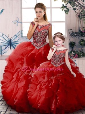 Red Sleeveless Floor Length Beading and Ruffles Zipper Quinceanera Gown