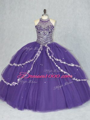 Spectacular Floor Length Purple Quinceanera Gowns Tulle Sleeveless Beading