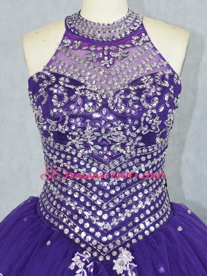 Spectacular Floor Length Purple Quinceanera Gowns Tulle Sleeveless Beading