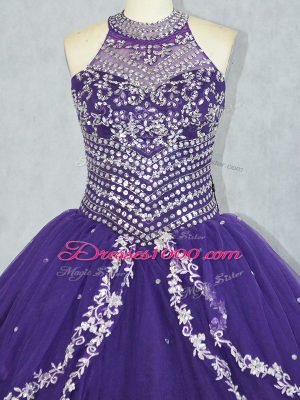 Spectacular Floor Length Purple Quinceanera Gowns Tulle Sleeveless Beading