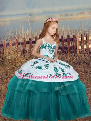 Straps Sleeveless Little Girls Pageant Gowns Floor Length Embroidery Teal Tulle