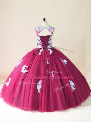 Flare Tulle Scoop Sleeveless Lace Up Beading and Appliques Quinceanera Gowns in Burgundy