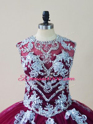 Flare Tulle Scoop Sleeveless Lace Up Beading and Appliques Quinceanera Gowns in Burgundy