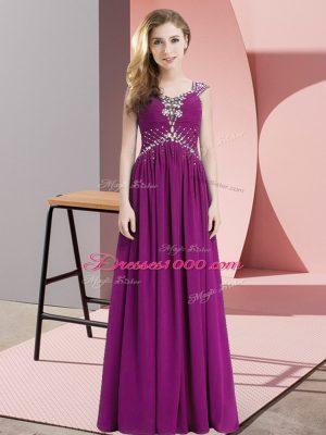 Simple Fuchsia Chiffon Lace Up Prom Party Dress Cap Sleeves Floor Length Beading