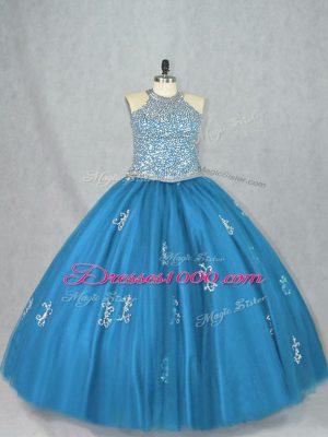 New Style Blue Sleeveless Beading and Appliques Floor Length Quinceanera Gown