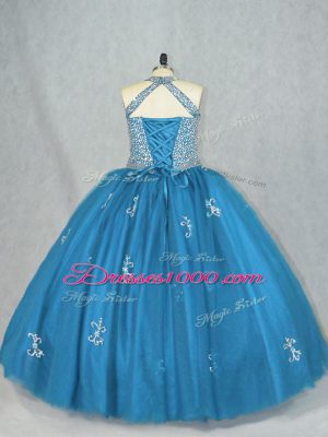 New Style Blue Sleeveless Beading and Appliques Floor Length Quinceanera Gown