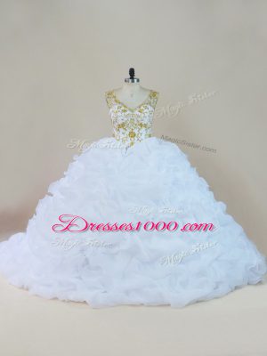 White Ball Gowns Beading and Pick Ups Quinceanera Dresses Lace Up Organza Sleeveless