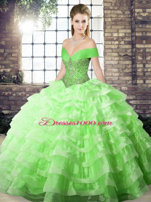 Sleeveless Brush Train Beading and Ruffled Layers Lace Up Quince Ball Gowns