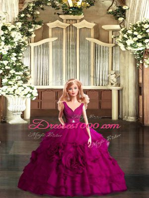 Fuchsia Backless Sweet 16 Quinceanera Dress Beading and Ruffles Sleeveless Floor Length
