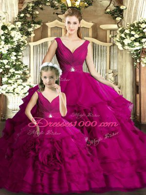 Fuchsia Backless Sweet 16 Quinceanera Dress Beading and Ruffles Sleeveless Floor Length