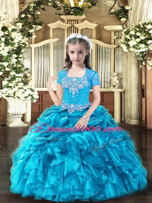 Fashionable Sleeveless Organza Floor Length Lace Up Little Girls Pageant Dress Wholesale in Baby Blue with Beading and Ruffles