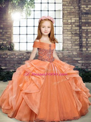 Orange Straps Neckline Beading and Ruffles Little Girl Pageant Dress Sleeveless Lace Up