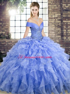 Beading and Ruffles Quinceanera Dress Lavender Lace Up Sleeveless Brush Train
