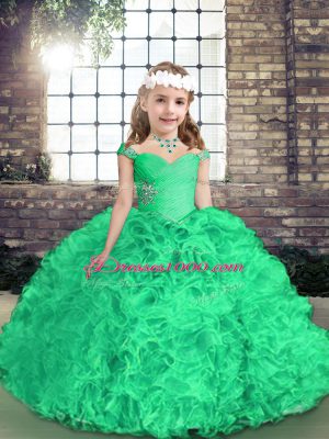 Green Ball Gowns Straps Sleeveless Fabric With Rolling Flowers Floor Length Side Zipper Beading and Ruffles Kids Formal Wear